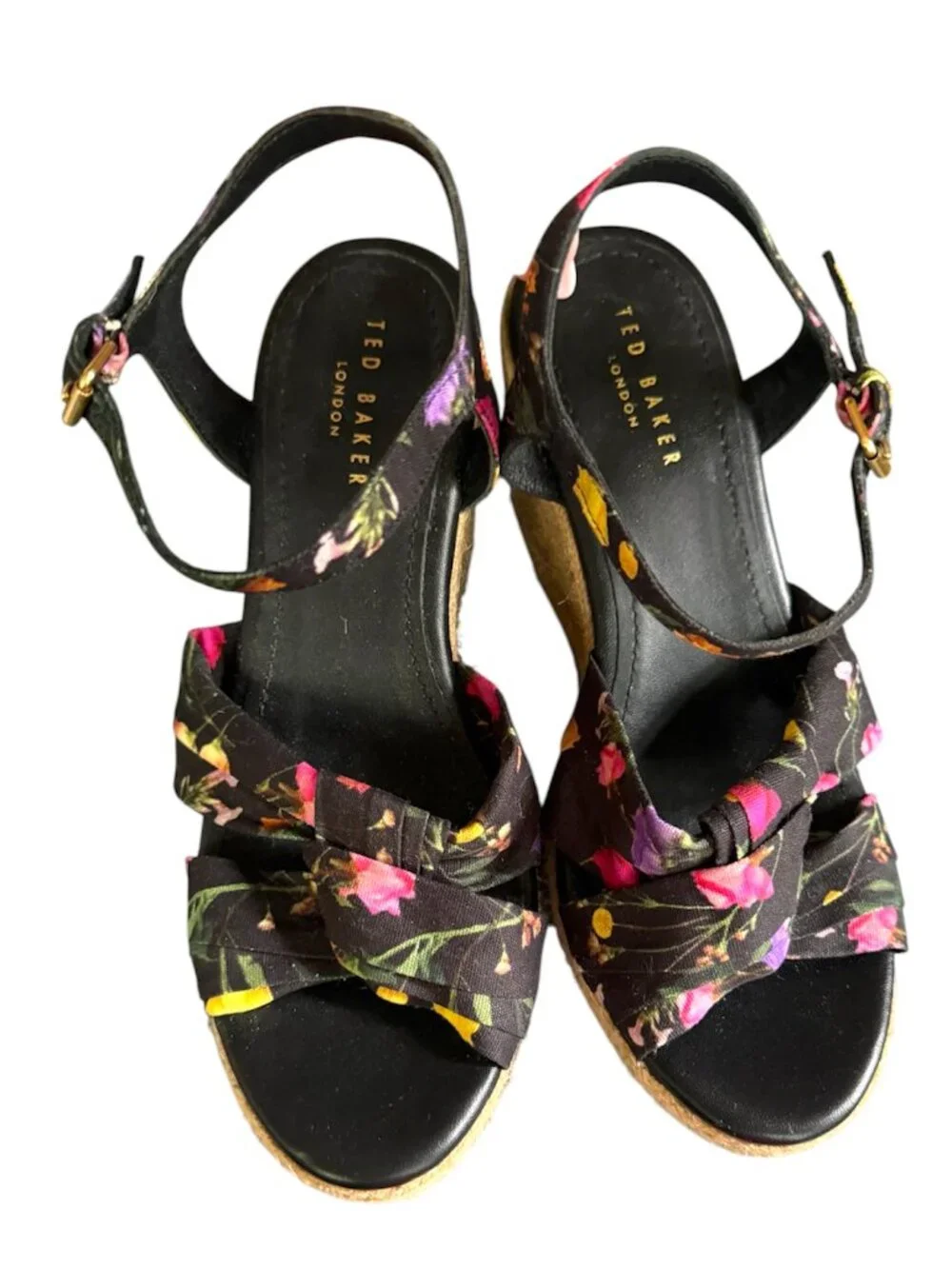 Ted Baker London Luxury Cardone Black Floral Espadrille Platform Wedge Heels 8.5